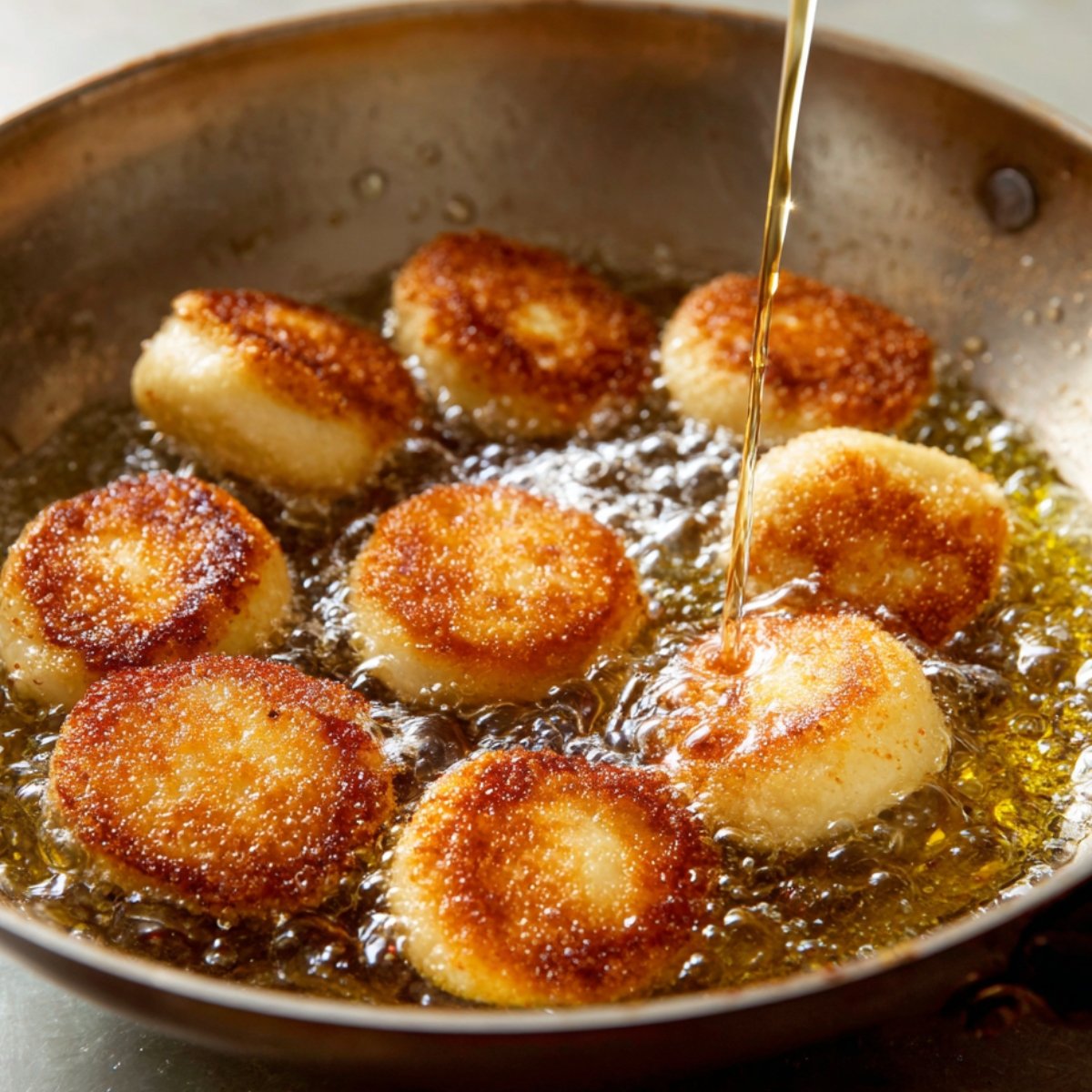 Round dough pieces being deep-fried in oil until golden brown.