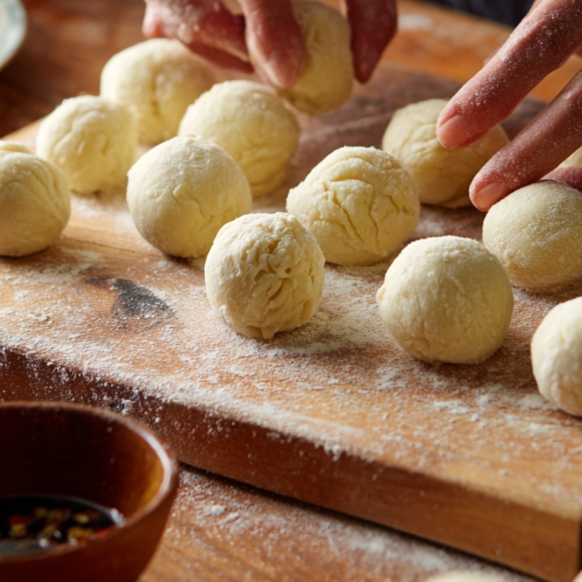 Raw dough balls being shaped by hand on a floured wooden board, ready for frying.
