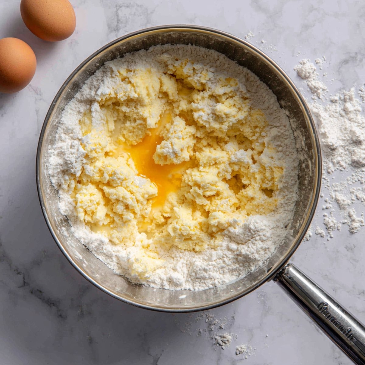 A mixing bowl with flour, soft dough, and an egg being combined.