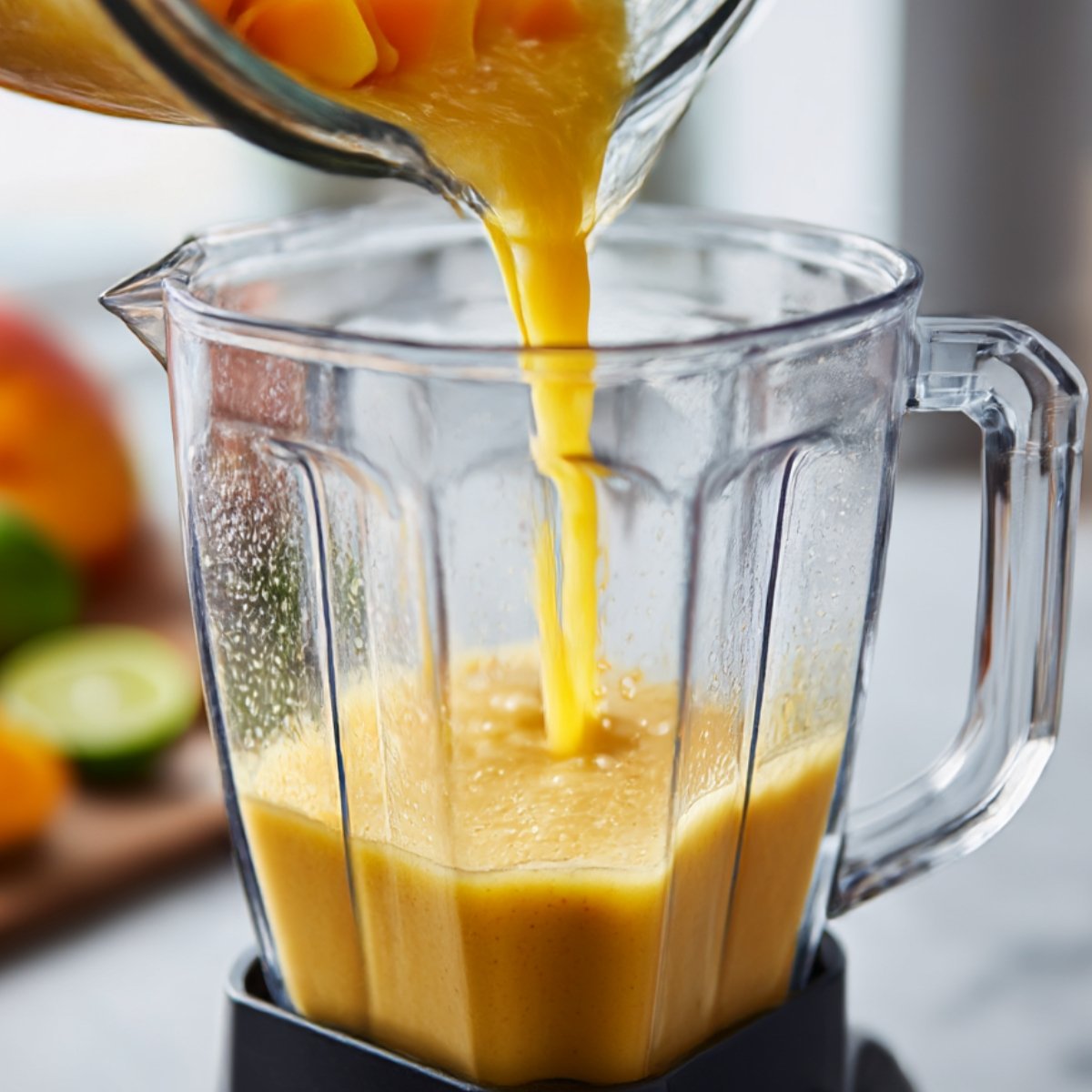 Fresh mango chunks and juice being poured into a blender, creating a smooth yellow mango puree.