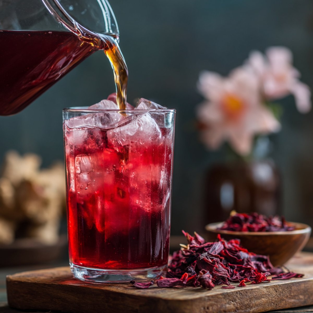 Hibiscus tea being poured from a glass jug into a tall glass filled with ice cubes, with dried hibiscus petals in the background.