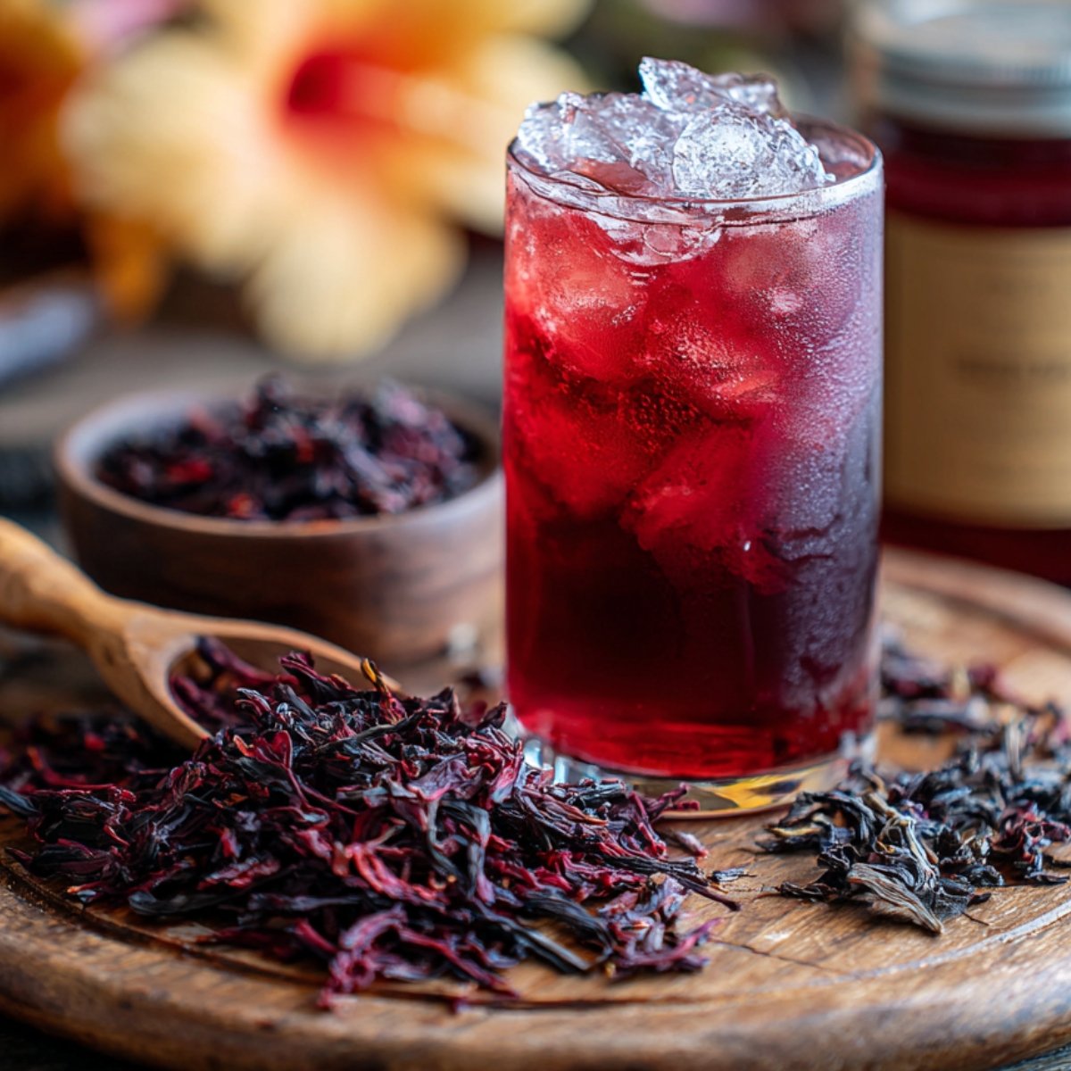 A glass of iced hibiscus tea served on a wooden surface with dried hibiscus petals scattered around, next to a small wooden bowl filled with petals.