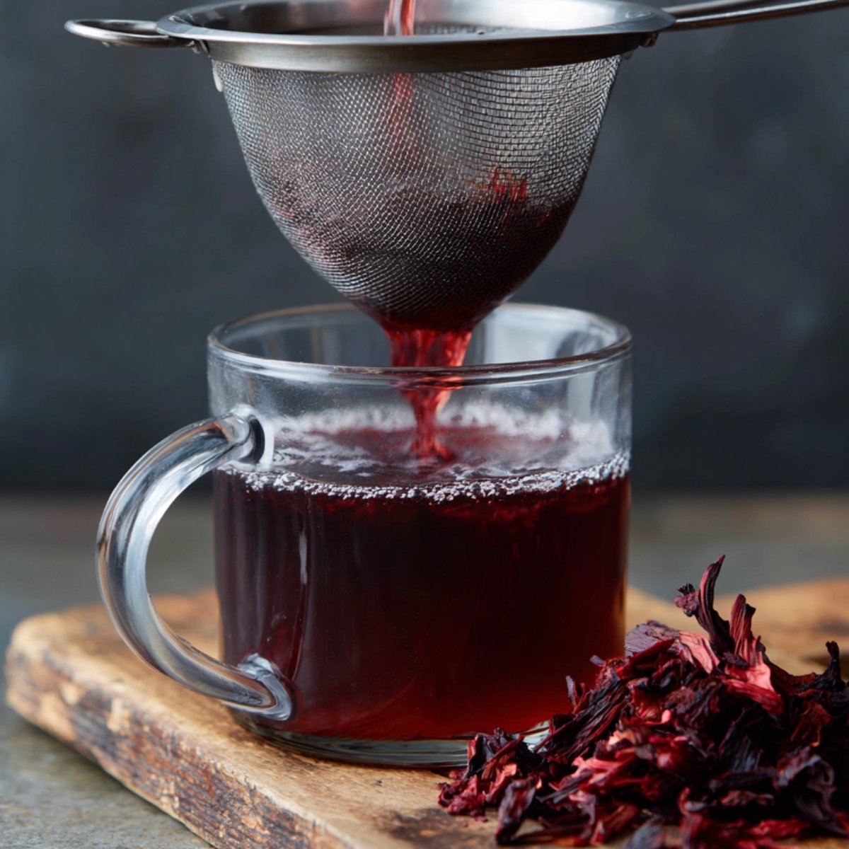 Straining hot hibiscus tea through a fine mesh strainer into a glass mug, with dried hibiscus petals placed beside it.