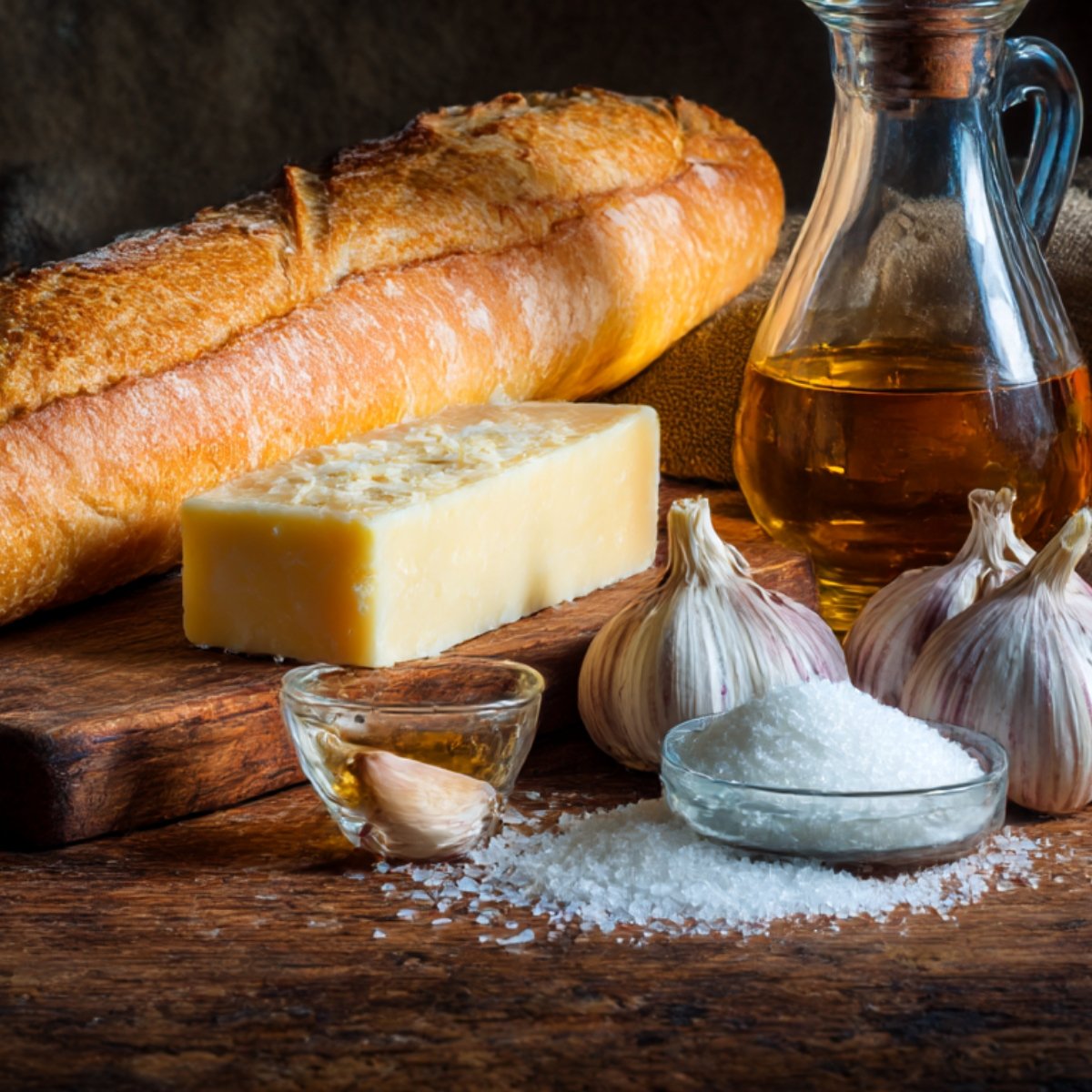 Rustic still life of baguette, block of cheese, garlic bulbs, olive oil, and salt arranged on a wooden table.