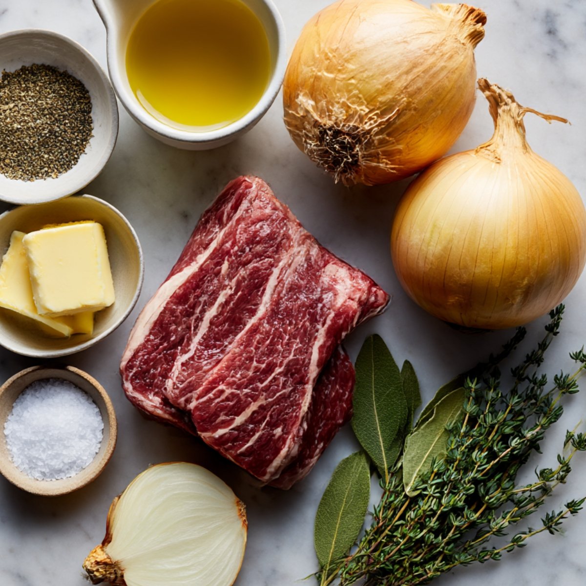 Fresh French onion soup ingredients laid out: onions, butter, beef, herbs, and seasonings on a marble surface.