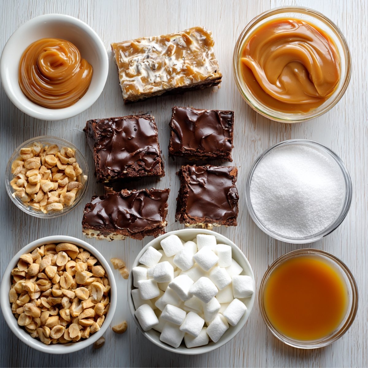 Flat lay of ingredients for Snickers brownies, including caramel, peanuts, marshmallows, sugar, chocolate, and cut brownie squares.