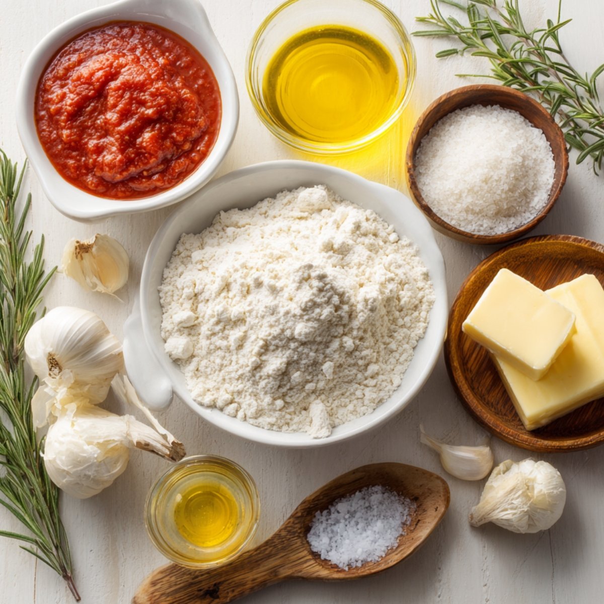 Ingredients for chicken rollatini including flour, butter, olive oil, garlic, rosemary, and marinara sauce.