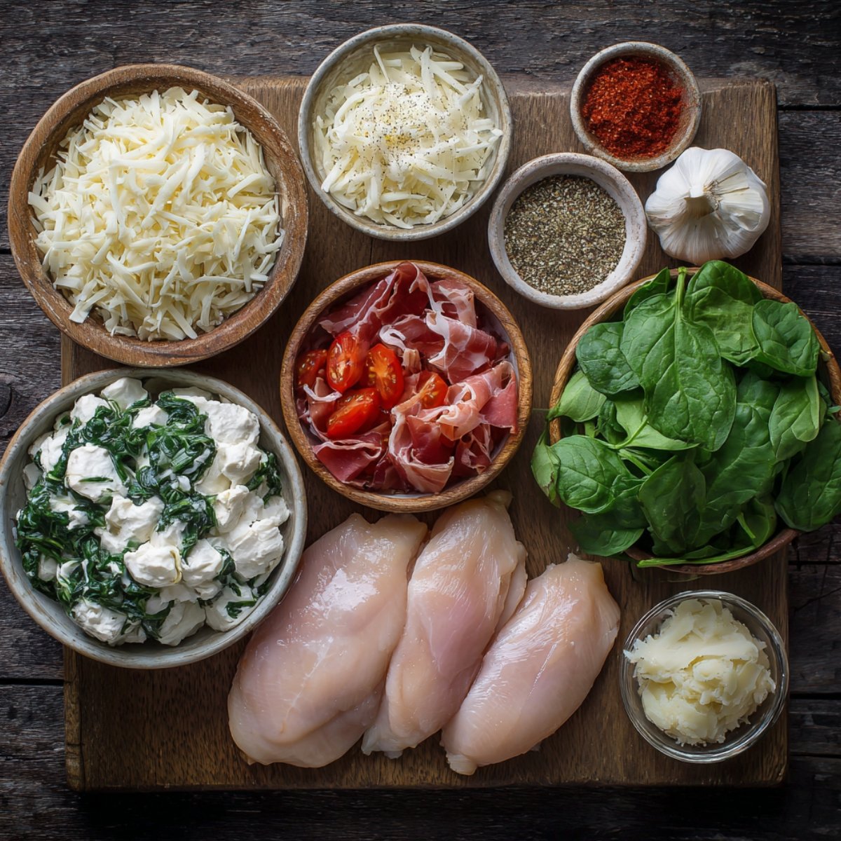 Chicken rollatini filling ingredients: fresh spinach, prosciutto, shredded cheeses, garlic, and raw chicken breasts.