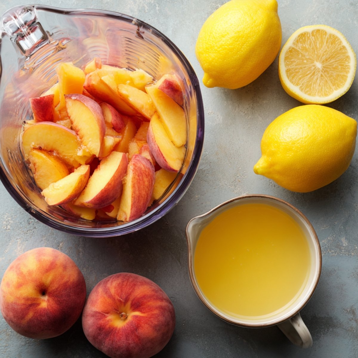Ingredients for peach lemonade on a table: sliced peaches in a pitcher, whole peaches, fresh lemons, and a small jug of lemon juice.