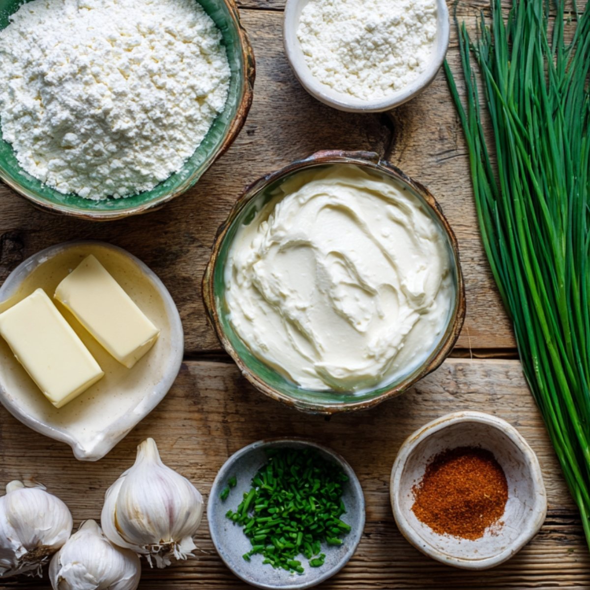 Ingredients for creamed corn on a rustic wooden surface: butter, garlic, chives, cream, flour, and seasoning.