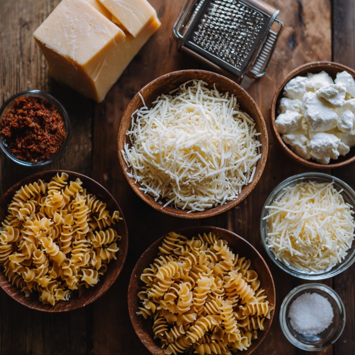 Ingredients for a pasta-and-cheese recipe: bowls of grated cheeses, ricotta, pasta shapes, sun-dried tomato paste, and a cheese grater.
