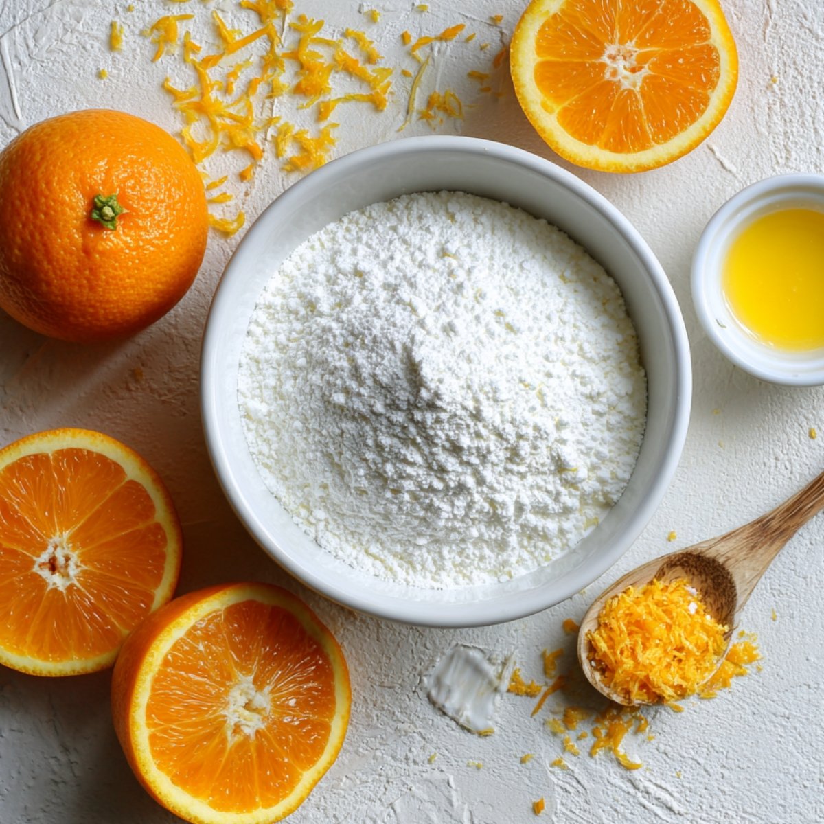 Baking ingredients for orange cake: powdered sugar in a bowl, fresh oranges, zest on a spoon, and orange juice in a small dish.