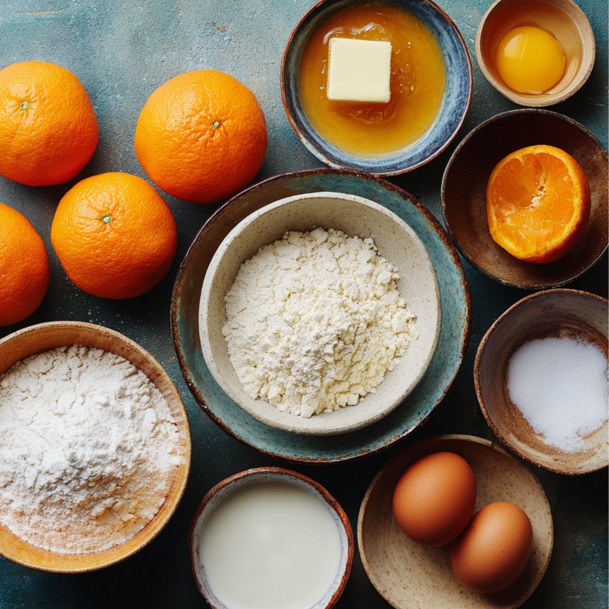 Complete orange cake ingredients: eggs, flour, butter, sugar, milk, fresh oranges, zest, and vanilla.