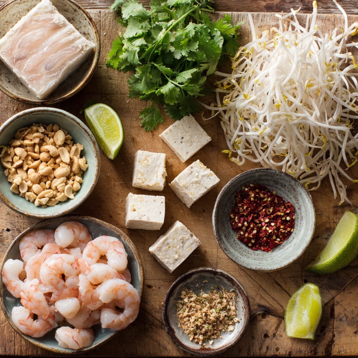 A rustic wooden board with ingredients for Pad Thai including tofu cubes, shrimp, bean sprouts, peanuts, lime wedges, chili flakes, and fresh cilantro.