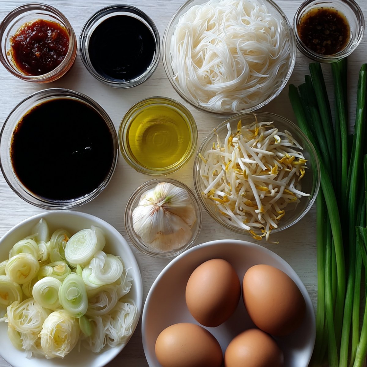 A flat lay of Pad Thai ingredients: eggs, rice noodles, bean sprouts, scallions, garlic, sauces, and oil arranged in bowls and jars.