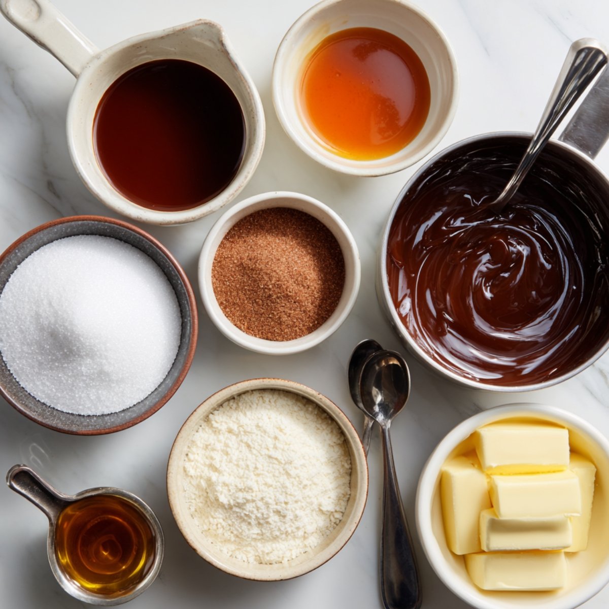 Ingredients for churros arranged in small bowls including butter, sugar, flour, cinnamon, vanilla, and melted chocolate.