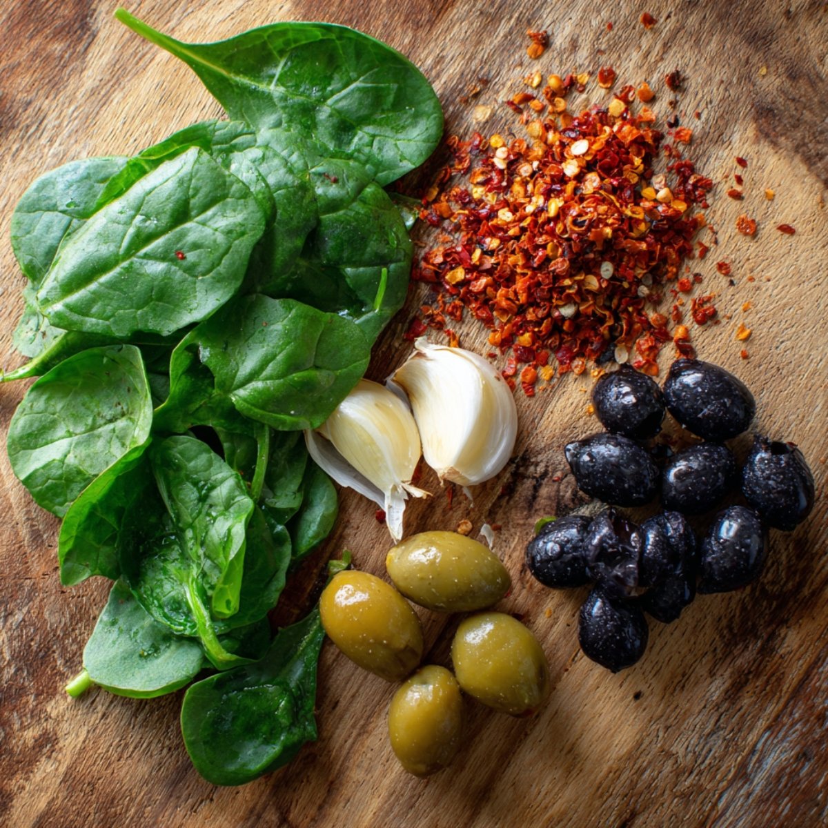 Fresh ingredients on a wooden board including spinach leaves, garlic cloves, red chili flakes, black olives, green olives.