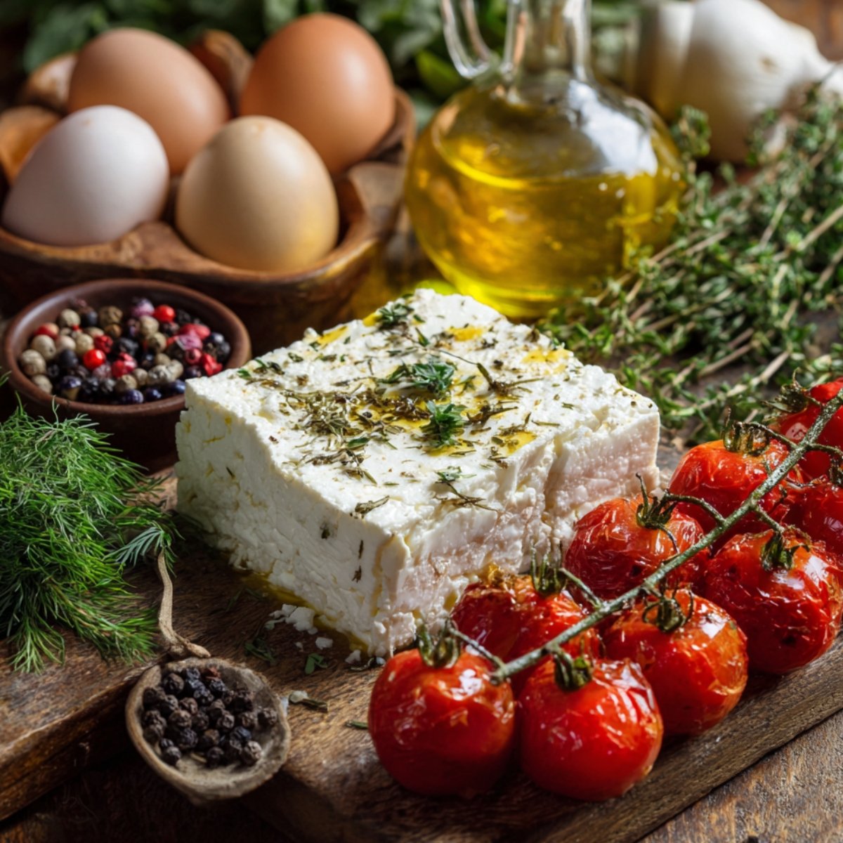 A block of feta cheese seasoned with herbs, surrounded by roasted cherry tomatoes, eggs, olive oil, garlic, and fresh herbs like dill and thyme.