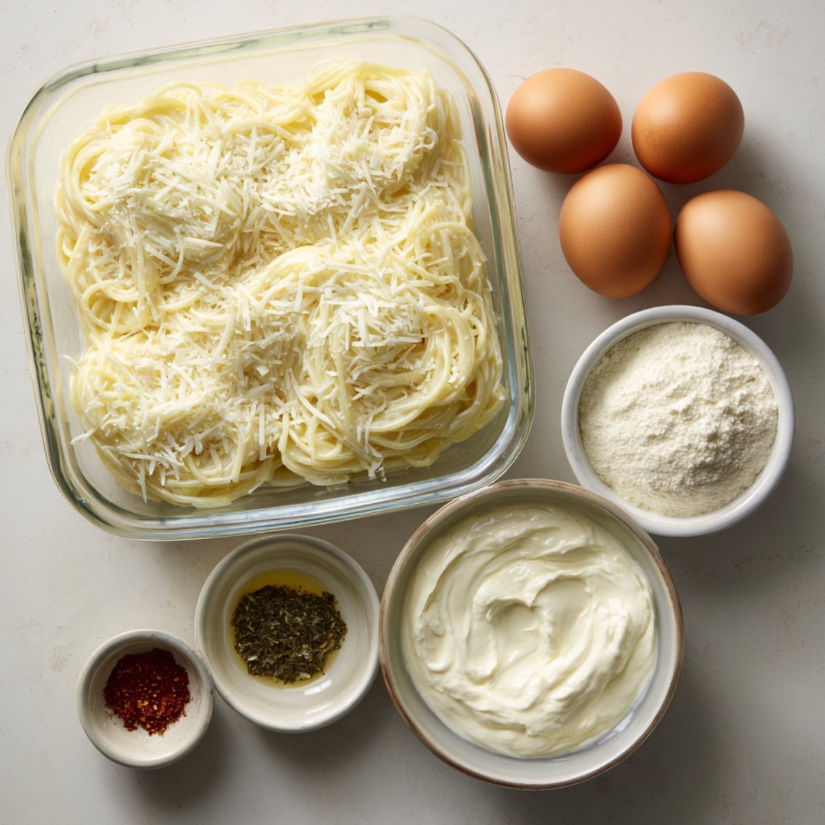 "Ingredients for baked spaghetti, including eggs, ricotta cheese, mozzarella cheese, and spices, arranged in bowls."