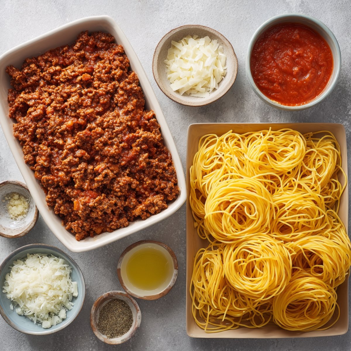 "A setup for making spaghetti, featuring uncooked pasta, meat sauce, chopped onions, and seasonings."