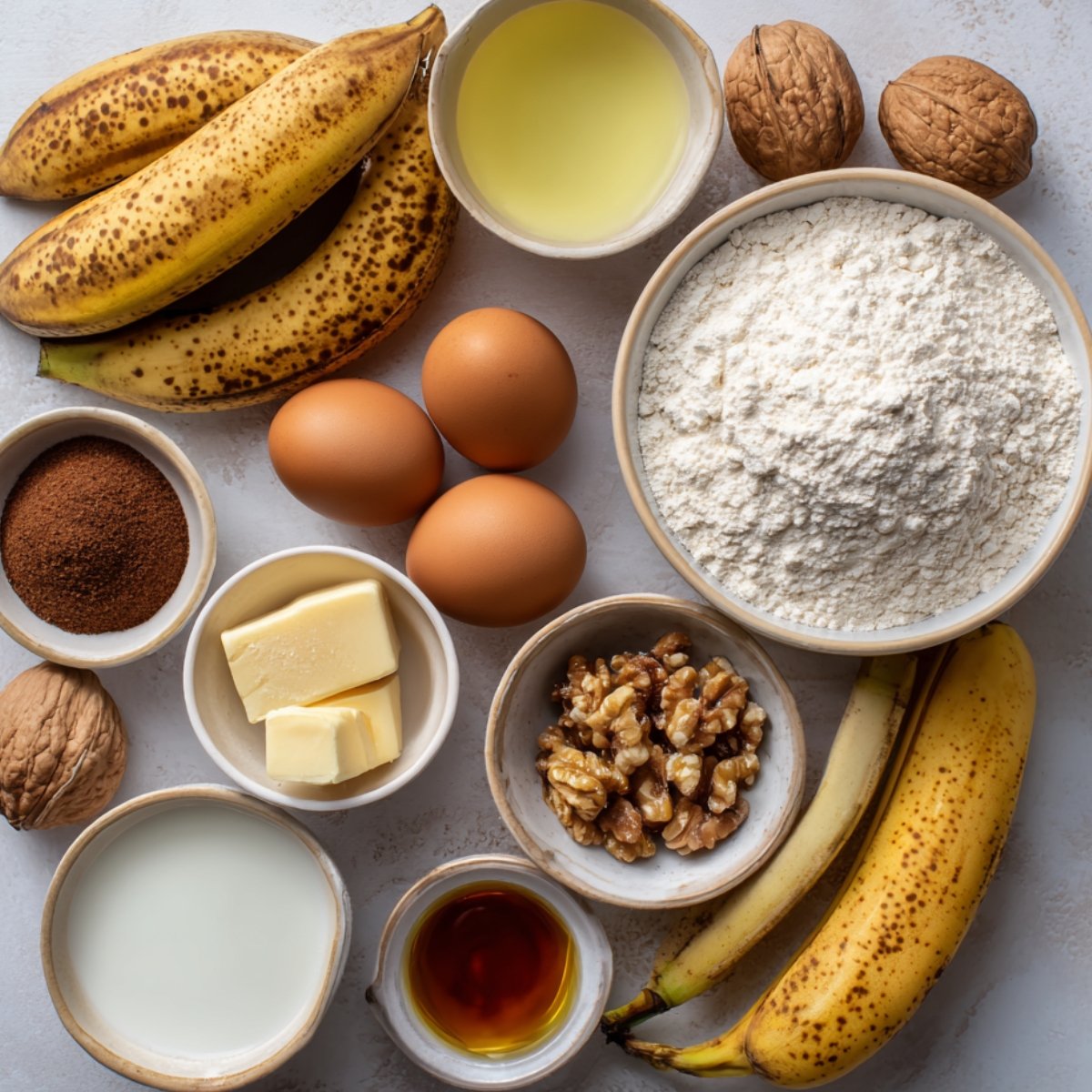Neatly arranged ingredients for banana bread on a light surface, including ripe spotted bananas, flour, eggs, butter, sugar, walnuts, milk, and vanilla extract.
