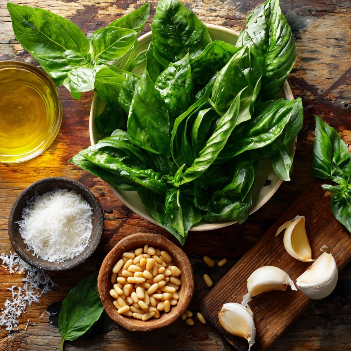 Fresh pesto ingredients arranged on a rustic wooden table, including a bowl of basil leaves, a glass of olive oil, grated cheese, pine nuts, and garlic cloves.