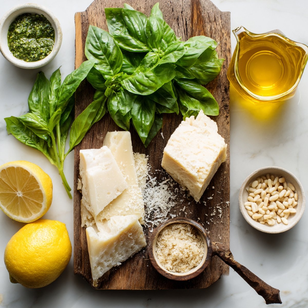A wooden board with chunks of parmesan cheese, fresh basil leaves, pine nuts, lemons, a small bowl of pesto, and a jug of olive oil, ready for pesto preparation.