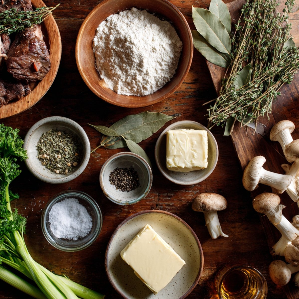 A selection of ingredients laid out on a rustic wooden table for preparing Beef Bourguignon: beef, flour, butter, herbs, spices, and mushrooms.