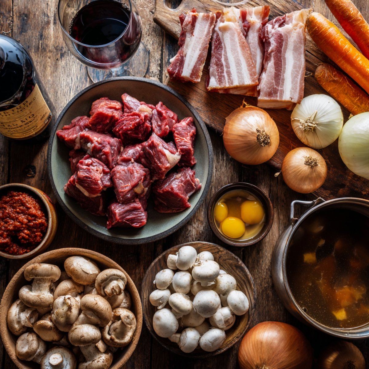 A variety of ingredients on a wooden table for Beef Bourguignon, including bacon, beef, carrots, mushrooms, onions, eggs, and wine.