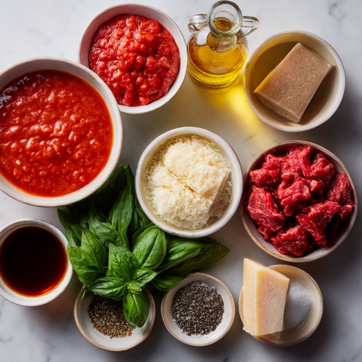 An assortment of ingredients for making beef ragu, including canned tomatoes, fresh basil, Parmesan cheese, beef chunks, and other seasonings.