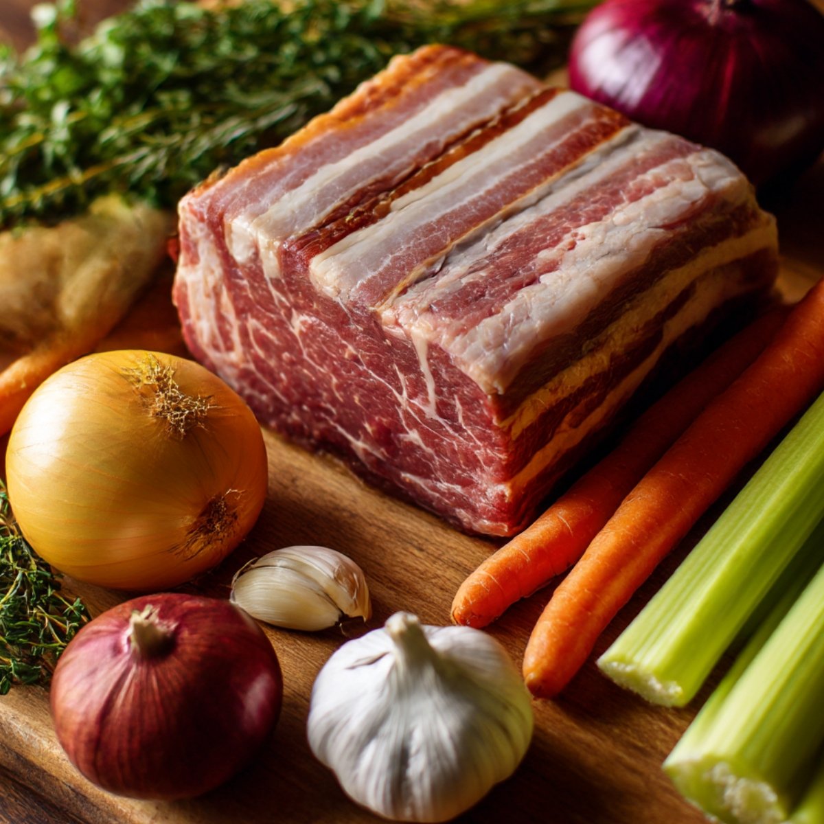 A selection of vegetables and a block of fatty beef, including onions, garlic, carrots, celery, thyme, and a piece of raw bacon.