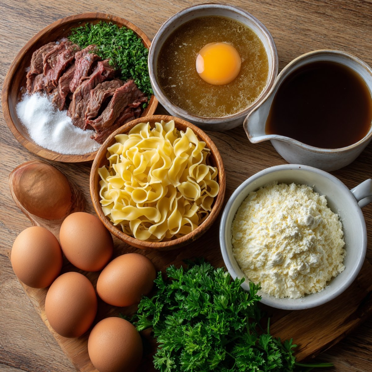 "Ingredients for Beef Stroganoff laid out on a wooden surface: sliced beef, eggs, noodles, broth, and fresh herbs."