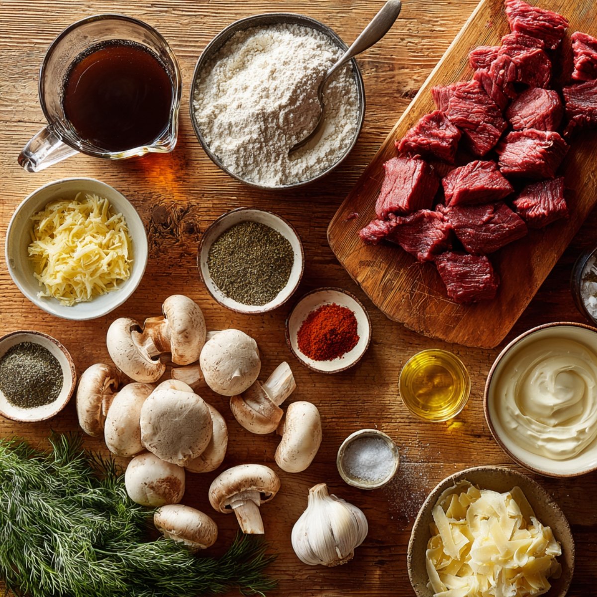 "Ingredients for Beef Stroganoff on a wooden surface: beef chunks, flour, mushrooms, garlic, and various seasonings."