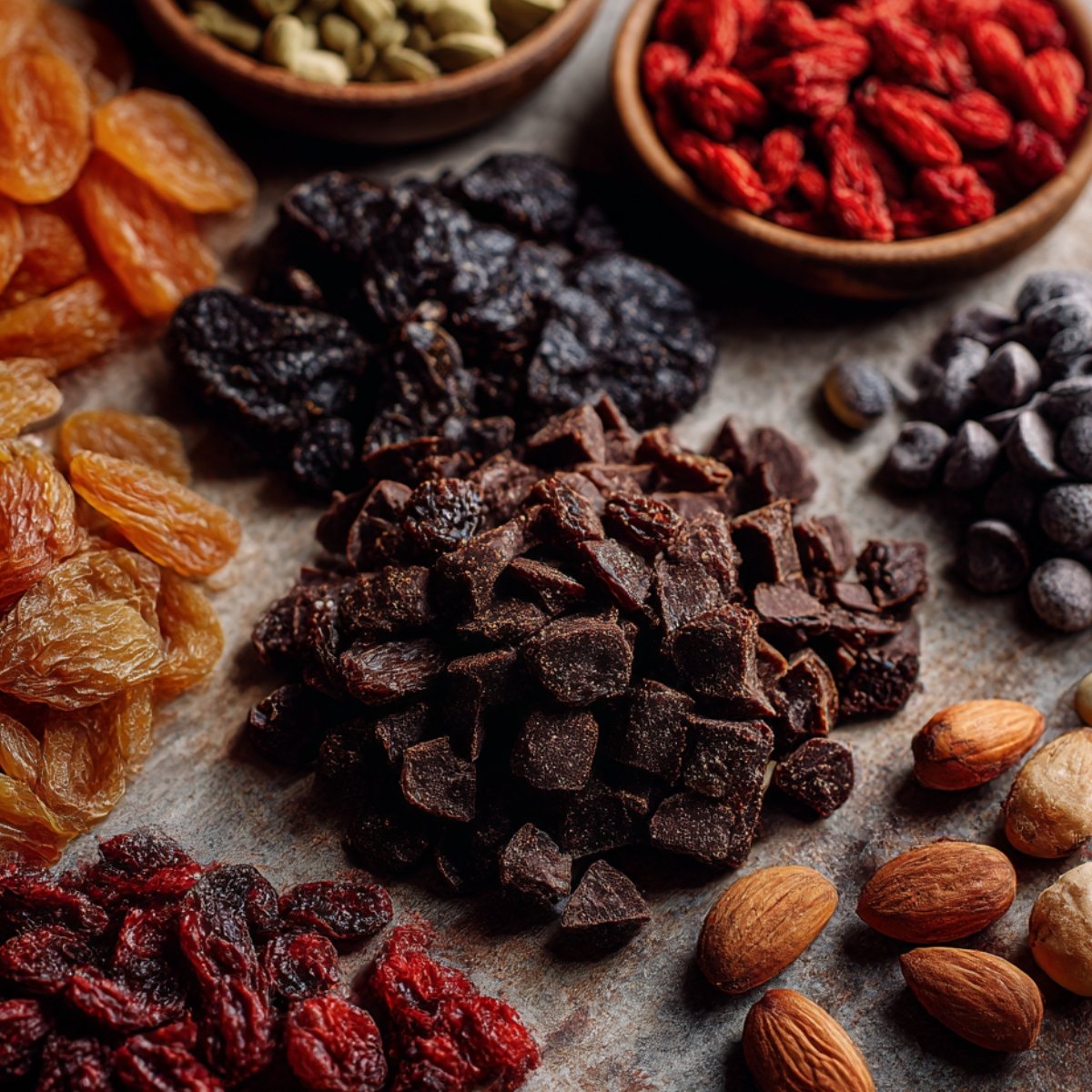 Assorted dried fruits, nuts, and chocolate chunks spread on a table, including raisins, almonds, and goji berries.