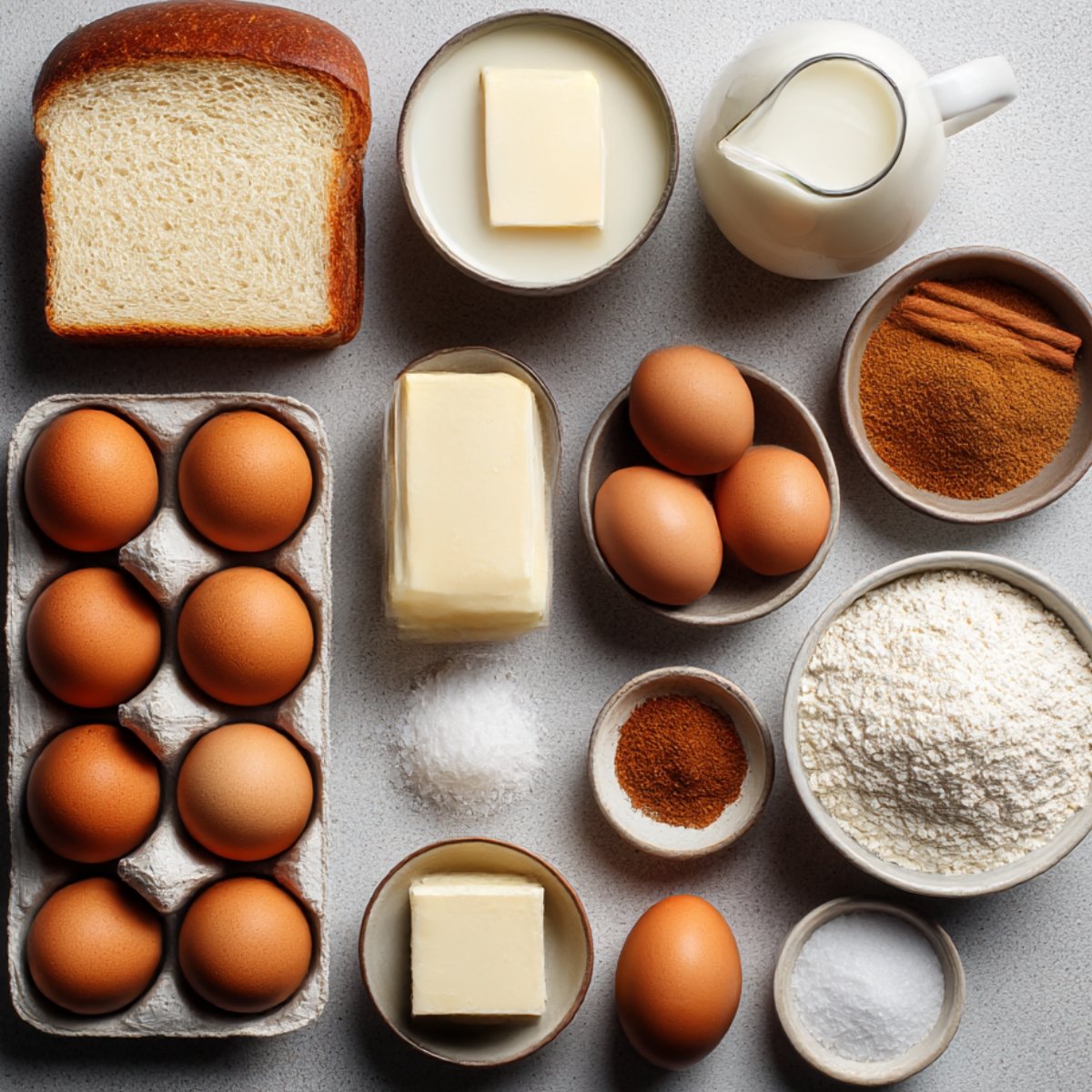 Flat lay of bread pudding ingredients including eggs, butter, milk, sugar, flour, and cinnamon.