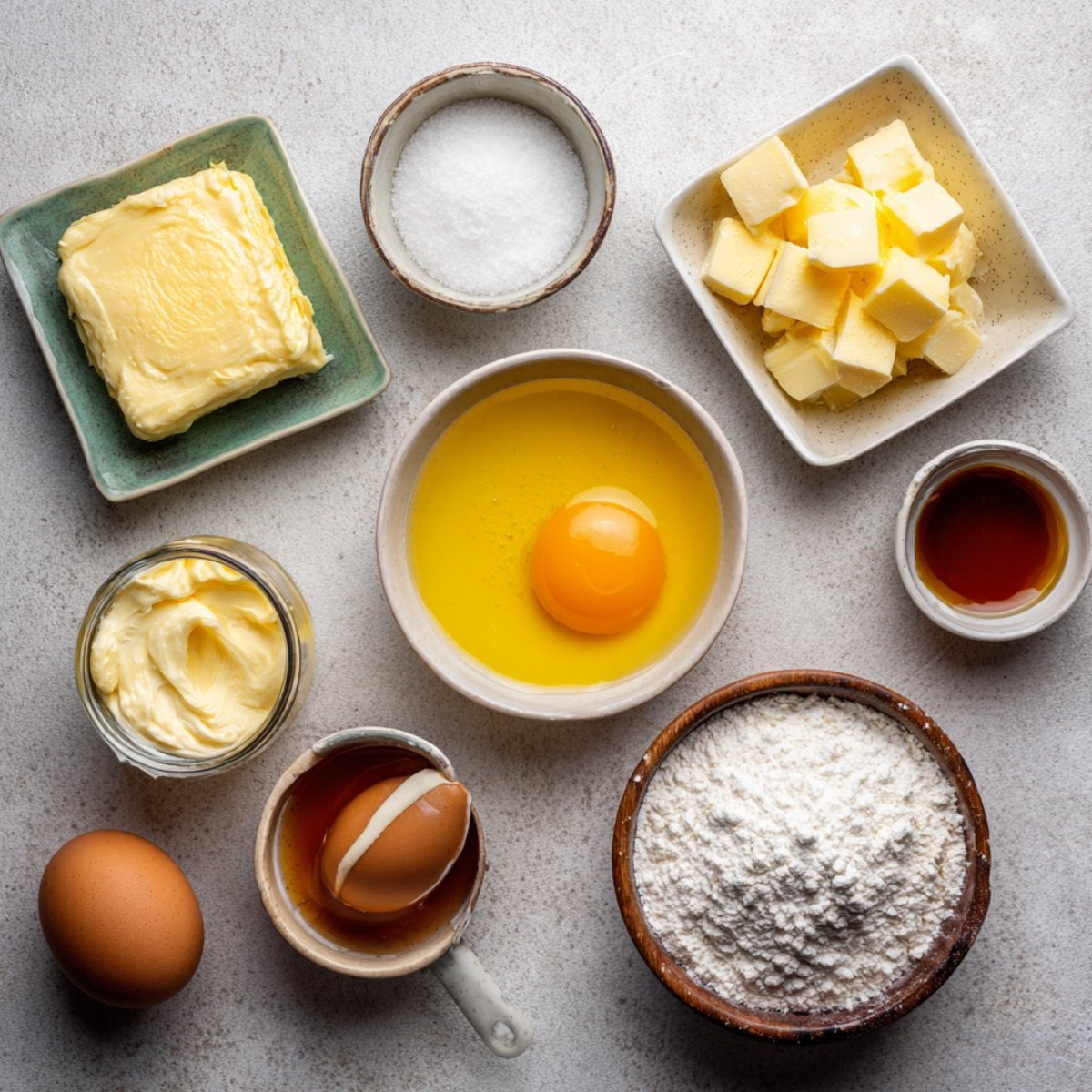 "Flat lay of baking ingredients including flour, butter, eggs, sugar, and vanilla ready for making bread rolls."