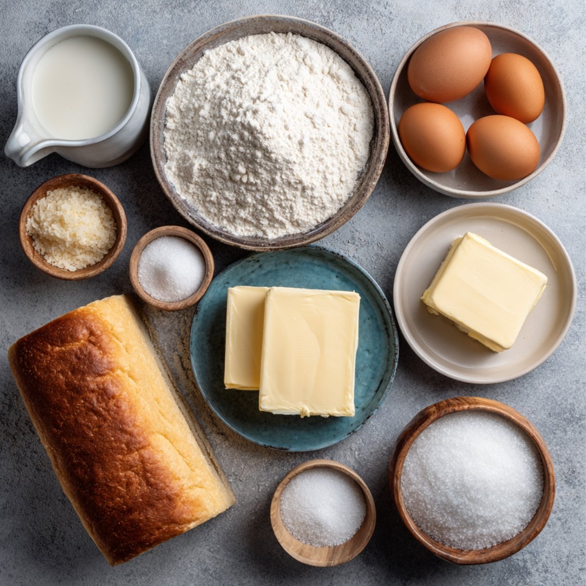 "Baking ingredients displayed with flour, milk, eggs, sugar, and butter for homemade bread rolls."