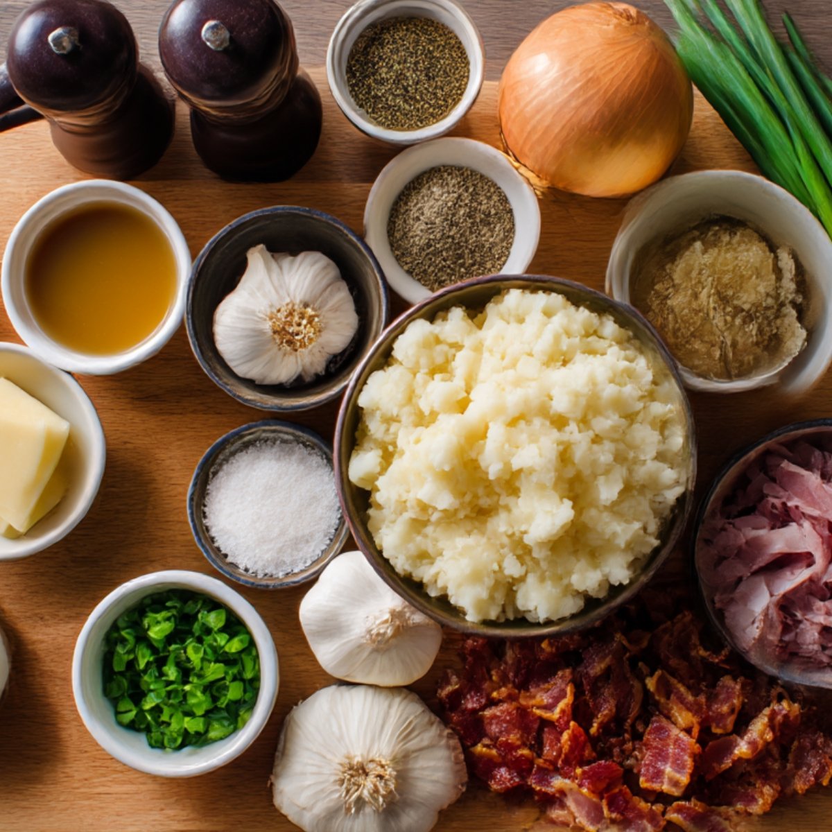 A neatly arranged set of ingredients for a dish, including mashed potatoes, garlic, green onions, onions, bacon, and seasonings like salt, pepper, and oil.