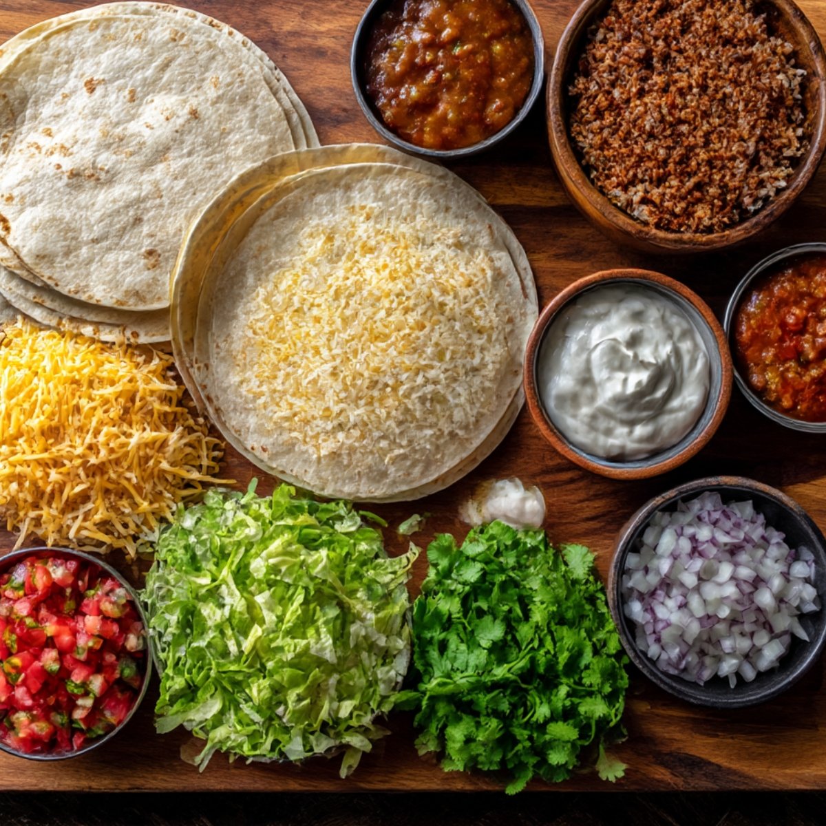 Overhead view of burrito ingredients laid out, including shredded lettuce, cheese, onions, cilantro, tortillas, salsa, sour cream, and seasoned meat.