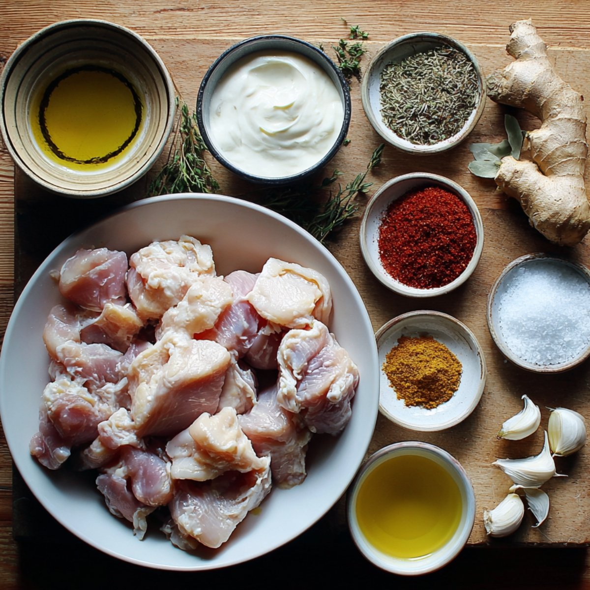 Raw chicken pieces in a bowl surrounded by small bowls of spices, yogurt, garlic, ginger, and oil for marinade.