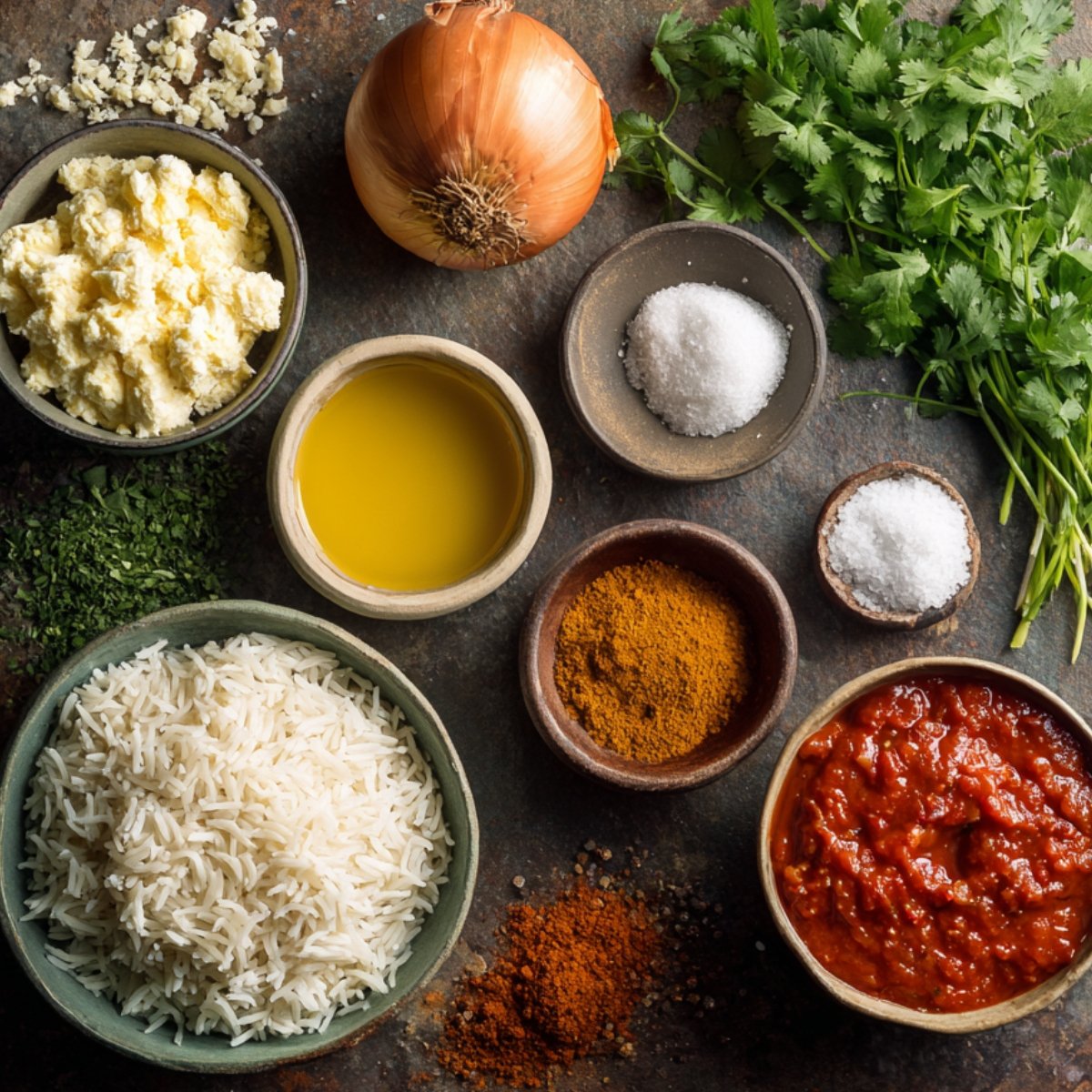 Assorted butter chicken ingredients laid out: basmati rice, onion, garlic, spices, tomato sauce, oil, salt, and fresh cilantro.