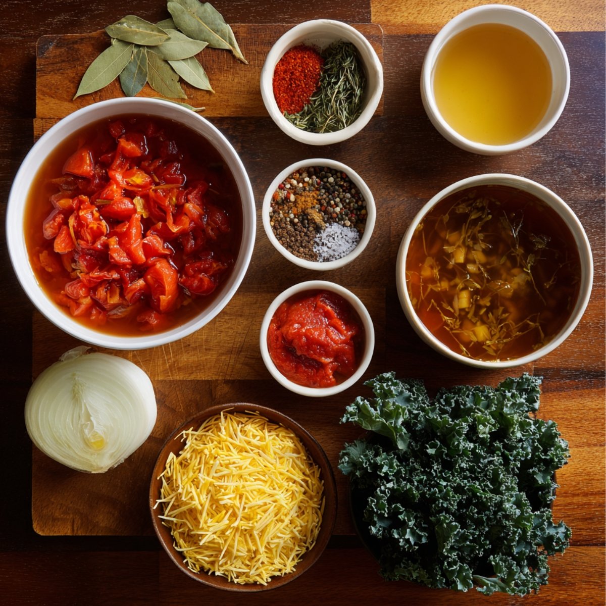 A wooden board with bowls of diced tomatoes, tomato paste, broth, herbs, spices, shredded cheese, onion, and kale for making cabbage soup.