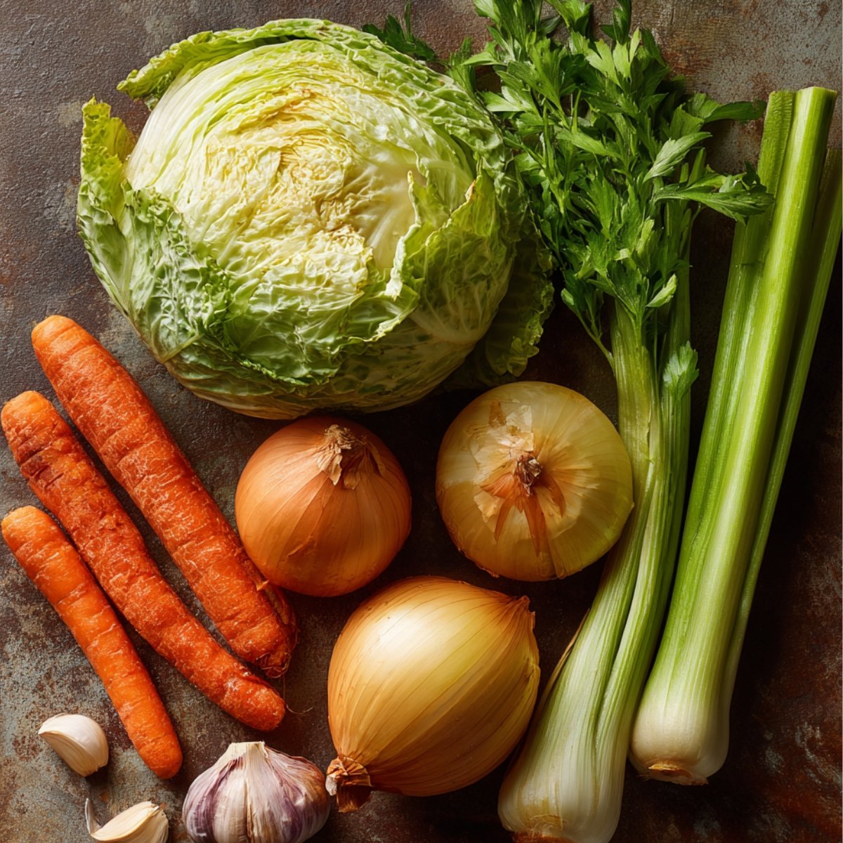 Fresh vegetables for cabbage soup including a whole green cabbage, carrots, onions, celery stalks, and garlic cloves laid out on a rustic surface.