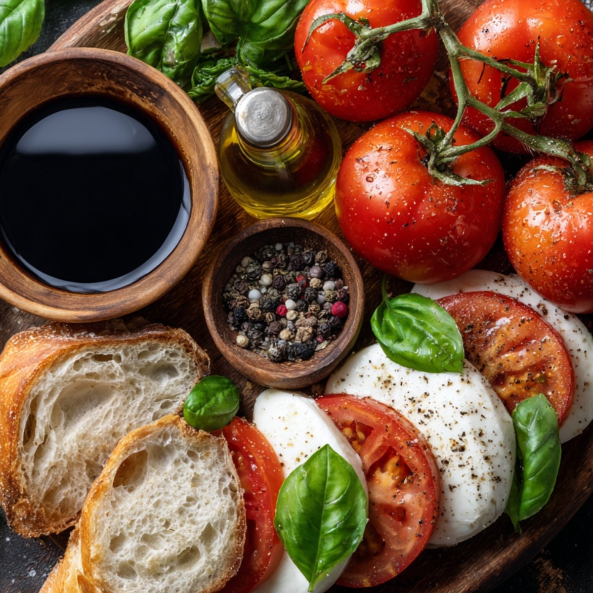 Caprese salad ingredients including tomatoes, mozzarella, basil, olive oil, balsamic vinegar, and crusty bread.