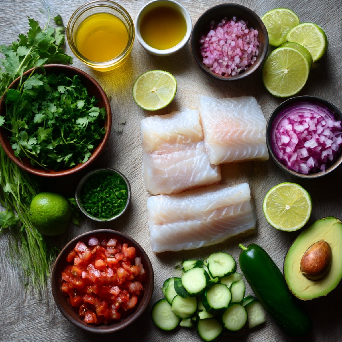 Various ceviche ingredients laid out, including cilantro, avocado, fish fillets, lime, cucumber, tomato, red onions, and a jalapeño.