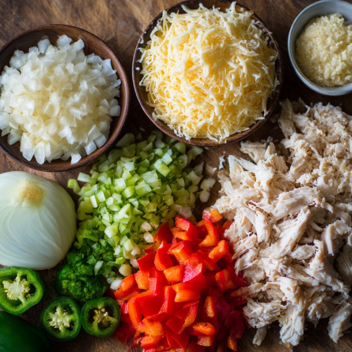 Assorted ingredients for quesadillas including shredded cheese, cooked shredded chicken, diced bell peppers, onions, jalapeños, and other chopped vegetables arranged neatly on a wooden surface.