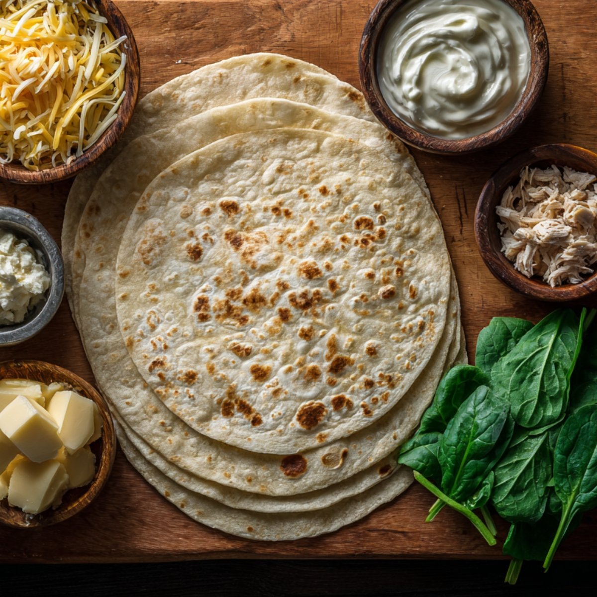 Flatbread tortillas arranged with bowls of shredded cheese, butter, spinach leaves, sour cream, and shredded chicken.