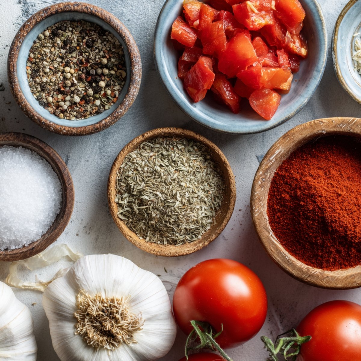 Assorted seasonings in small bowls including black pepper, paprika, dried herbs, diced tomatoes, garlic, and fresh tomatoes.