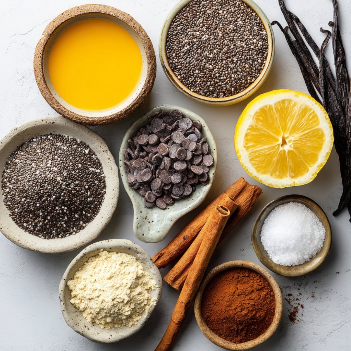 Various ingredients for making chia seed pudding arranged on a surface, including chia seeds, chocolate chips, cinnamon sticks, lemon, vanilla beans, sea salt, cocoa powder, a yellow liquid (possibly juice or milk), and a flour-like powder.