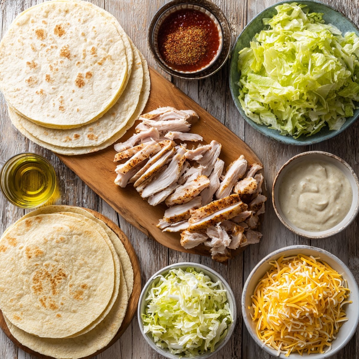 An arrangement of chicken crunch wrap ingredients on a rustic table, featuring sliced grilled chicken, shredded cheese, lettuce, sauces, spices, and flour tortillas.